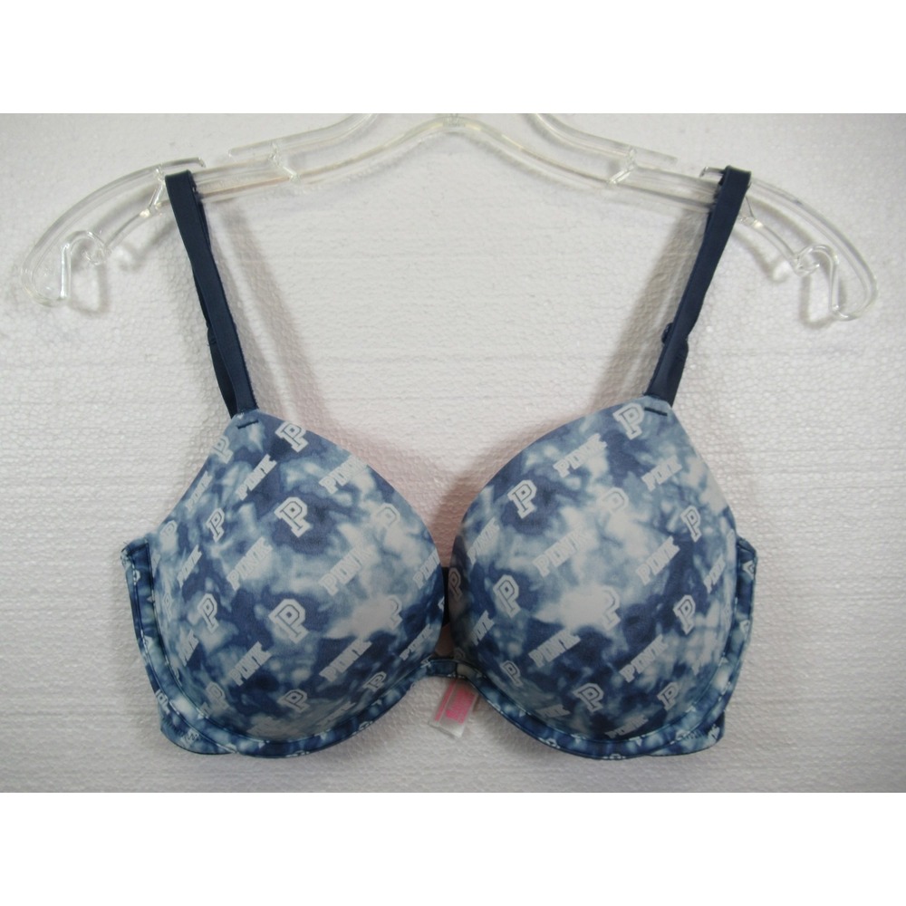 Victoria's Secret PINK Super Push Up Bra 32DD Blue Underwire Tie Dye Padded